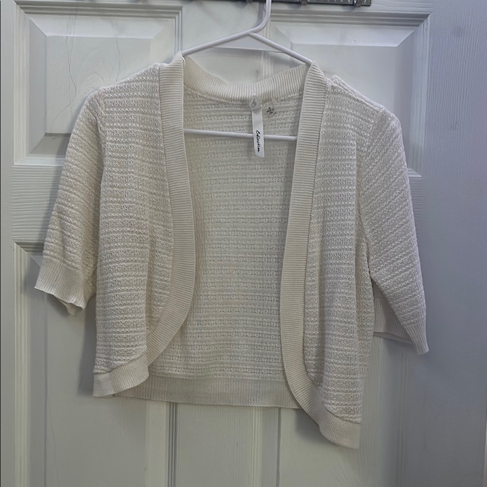 NY Collection Cream Cropped Cardigan – Short Sleeve Lightweight Knit Shrug
